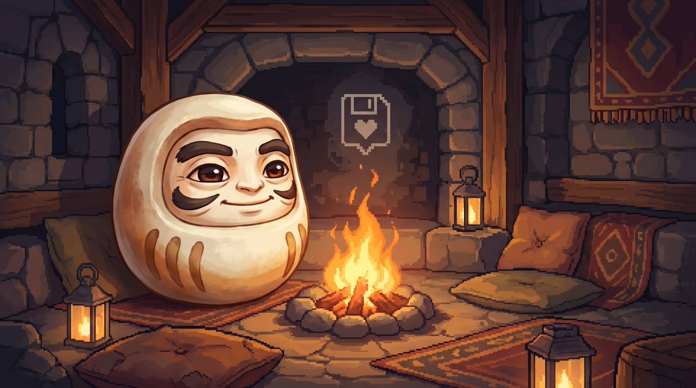 The White Daruma sitting by a small fire in the museum — the keeper of the save point