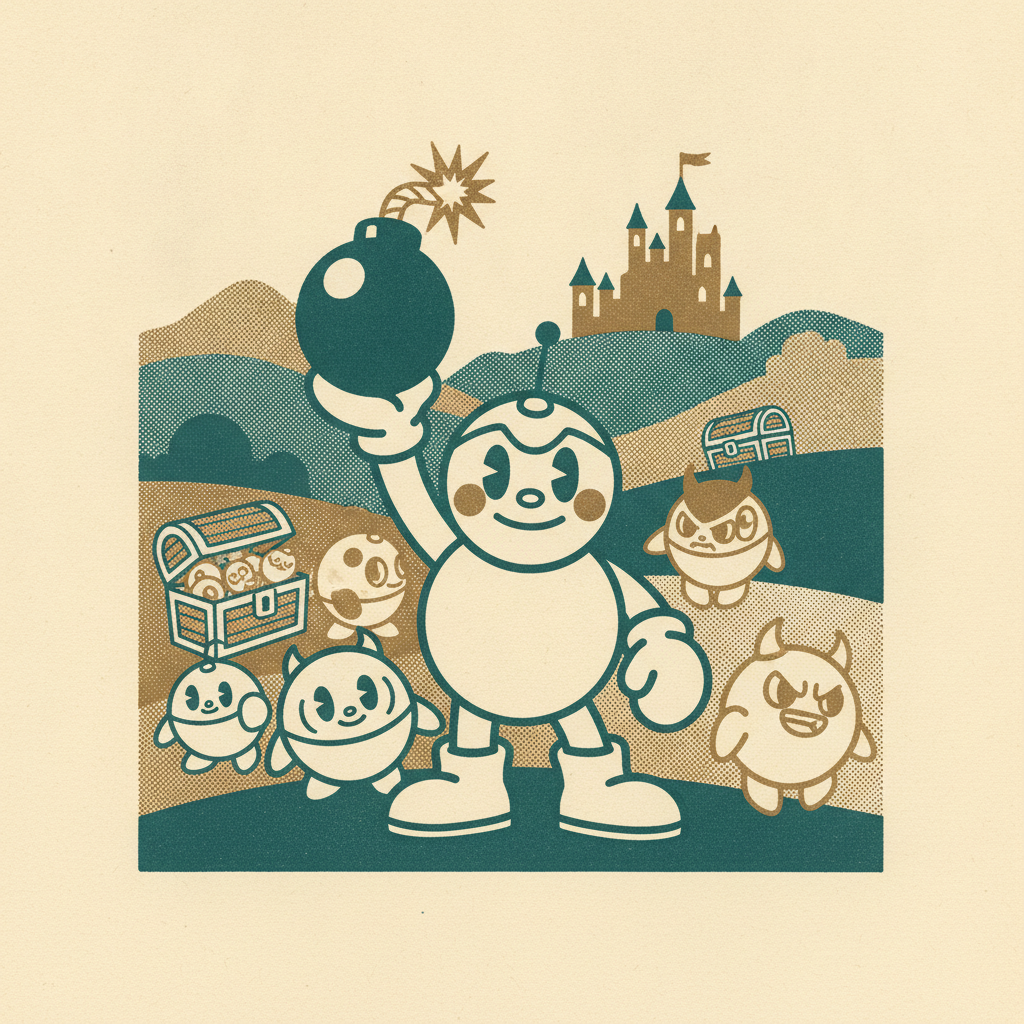 No arenas, no multiplayer bombs. Bomberman Quest (GBC, 1998) dropped Bomberman into a solo RPG world — and the bomb mechanics