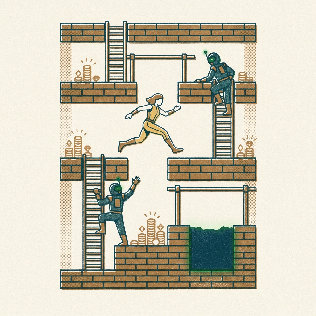 Lode Runner's enemy robots later became Bomberman. Hudson Soft's 1984 Famicom port sold 1.2 million in Japan — one of the fir