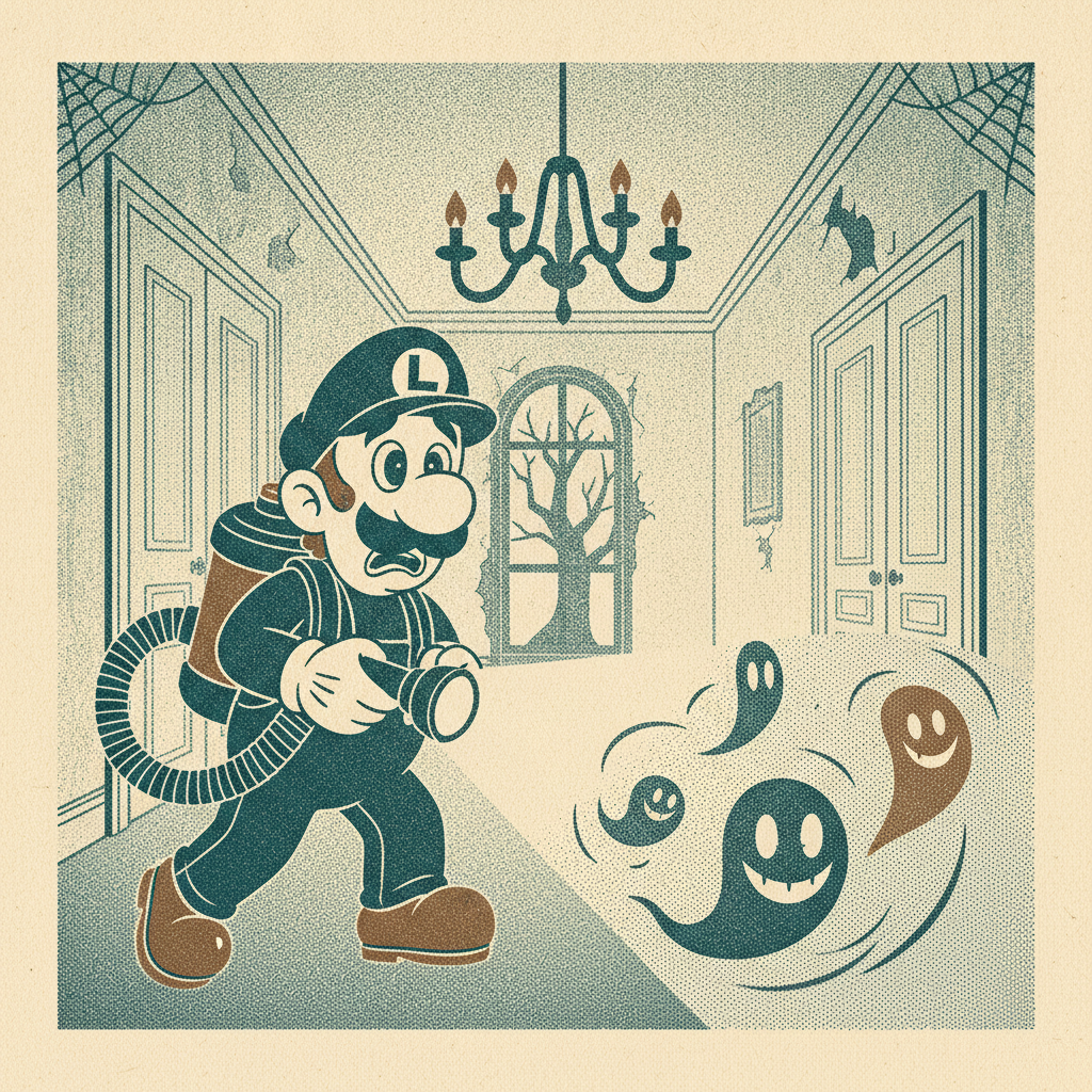 Luigi's Mansion (2001) — GameCube launch title starring Luigi, the vacuum cleaner, and a haunted mansion. Shigeru Miyamoto ch